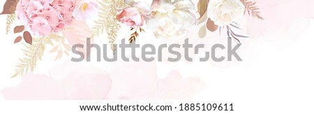 Luxurious beige trendy vector design watercolor banner frame. Ivory rose, blush pink hydrangea, camellia, peony, pampas grass, fern, eucalyptus. Wedding decoration. Elements are isolated and editable