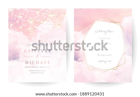 Sugar cotton pink clouds vector design backgrounds. Golden line geometric art. Plane sky view with stars and sunset. Watercolor style textures. Delicate cards. Elegant decoration. Fantasy pastel color