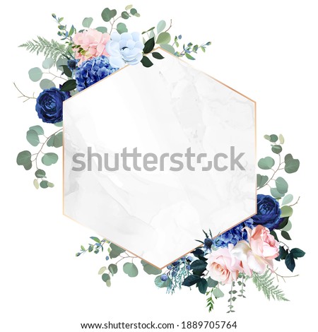 Royal blue, navy garden rose, blush pink hydrangea flowers, anemone, thistle, eucalyptus, vector design marble frame. Textured card. Eucalyptus, greenery. Floral geometric style. Isolated and editable
