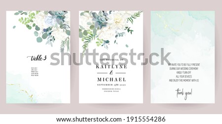 Silver sage green, mint, blue, white flowers vector design spring cards. White peony, dahlia, dusty rose, succulent, eucalyptus, greenery. Floral wedding frames. Elements are isolated and editable