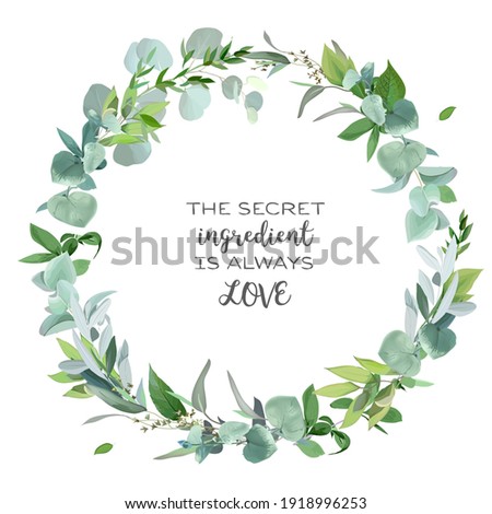 Greenery selection vector design round invitation frame. Rustic wedding greenery. Mint, blue, green tones. Watercolor save the date card. Summer rustic style. All elements are isolated and editable
