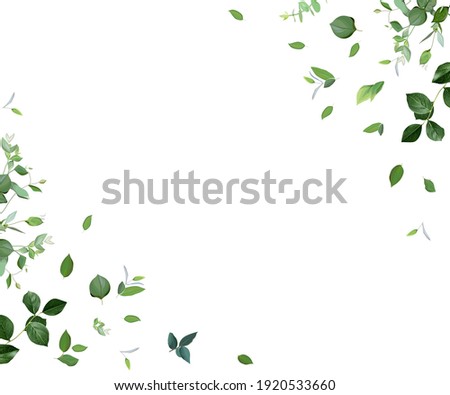 Herbal minimalist vector frame. Hand painted plants, branches, leaves on a white background. Greenery wedding simple invitation template. Watercolor style card. All elements are isolated and editable