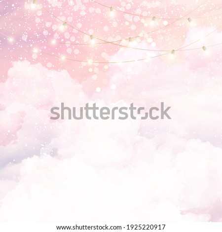 Sugar cotton pink clouds vector design background. Glamour fairytale backdrop. Bokeh lights with stars and sunset. Watercolor style texture. Delicate card. Elegant decoration. Fantasy pastel color