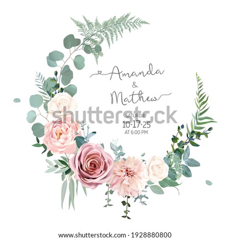 Greenery, pink and white peony, rose flowers vector design round invitation frame. Rustic wedding greenery. Mint, green tones. Watercolor save the date card. Summer rustic style. Isolated and editable