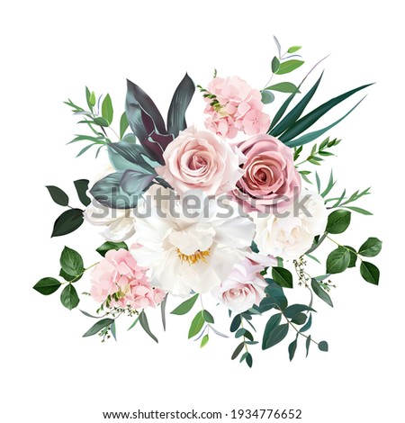 Dusty pink and cream rose, peony, hydrangea flower, tropical leaves vector design wedding bouquet. Eucalyptus, greenery.Floral pastel watercolor style.Spring bouquet.Elements are isolated and editable