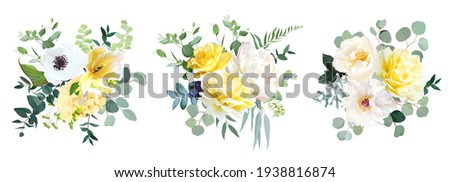 Yellow rose, hydrangea, white peony, tulip, anemone, spring garden flowers, eucalyptus, greenery, fern, vector design arrangement. Wedding summer bouquet collection. Elements are isolated and editable