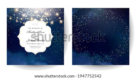 Magic night dark blue cards with sparkling glitter bokeh and line art. Curve shaped vector wedding invitation. Gold confetti and navy background. Golden scattered dust.Fairytale magic star templates