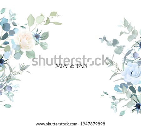 Creamy beige rose, anemone, dusty blue thistles, eucalyptus, greenery, juniper, brunia vector design frame. Wedding seasonal flower card.Floral watercolor composition.Elements are solated and editable