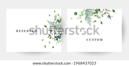 Herbal minimalist vector frames. Hand painted plants, branches, leaves on a white background. Greenery wedding simple invitation template. Watercolor style card. All elements are isolated and editable