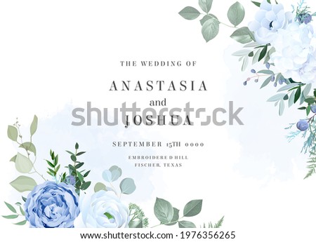 Dusty blue rose, white hydrangea, ranunculus, anemone, eucalyptus, greenery, juniper, brunia vector design frame. Wedding seasonal flower card. Floral  watercolor composition. Isolated and editable
