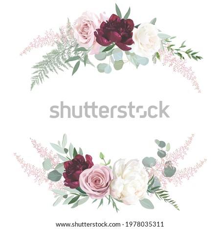 Greenery, burgundy red and white peony, blush rose flowers vector design round invitation frame. Rustic wedding greenery. Mint tones. Watercolor save the date card. Summer style. Isolated and editable