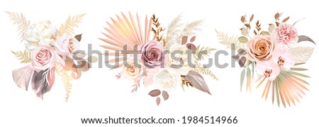 Trendy dried palm leaves, blush pink and rust rose, pale protea, white ranunculus, pampas grass vector design bouquets.Trendy flowers.Beige, gold, brown, rust, taupe.Elements are isolated and editable