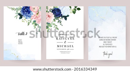 Classic blue rose, white and navy hydrangea, pink ranunculus, dahlia flowers, greenery and eucalyptus, juniper, greenery leaves vector design cards set.Trendy color collection. Isolated and editable
