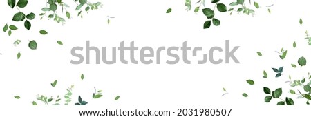 Herbal minimalist vector banner. Hand painted plants, branches, leaves on a white background. Greenery wedding simple horizontal template. Watercolor style card. All elements are isolated and editable