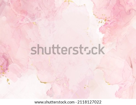 Blush pink watercolor fluid painting vector design card. Dusty rose and golden marble geode frame. Spring wedding invitation. Petal or veil texture. Dye splash style. Alcohol ink.Isolated and editable