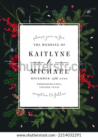 Emerald Christmas greenery, red winter berry, juniper, cedar, emerald pine, spruce vector design frame. Winter chic wedding or new year party invitation card. Watercolor style. Isolated and editable