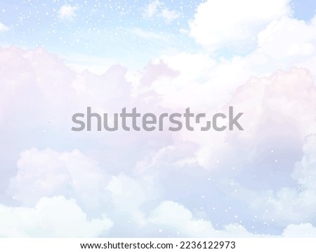 Sugar cotton pink clouds vector design background. Glamour fairytale backdrop. Plane sky view with stars and sunset. Watercolor style texture. Delicate card. Elegant decoration. Fantasy pastel color