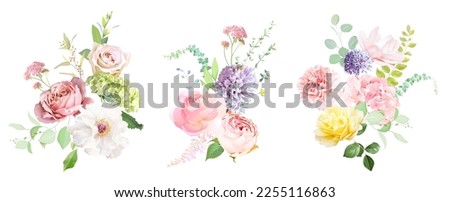 Pink rose, hydrangea, white peony, magnolia, hyacinth, ranunculus, spring garden flowers, eucalyptus, greenery vector design bouquets Wedding summer collection. Elements are isolated and editable