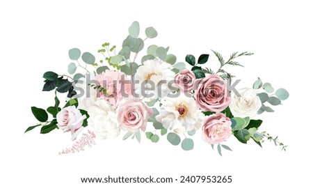 Dusty pink and cream rose, peony, hydrangea flower, tropical leaves vector garland wedding bouquet.Eucalyptus, greenery.Floral pastel watercolor style.Spring bouquet.Elements are isolated and editable