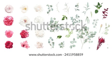 Trendy magenta and barbie pink color vector design set. White peony, hot pink rose, ranunculus, calla, hydrangea, greenery, carnation, green eucalyptus. All elements are isolated and editable on white