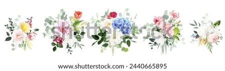 Bright hydrangea flowers, roses, tulips, peony, orchid, magnolia greenery and eucalyptus wedding vector bouquets set. Floral pastel watercolor. Blooming garden. Elements are isolated and editable