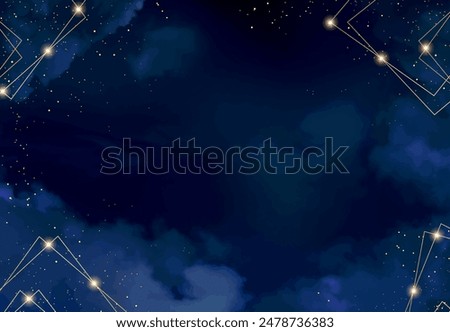 Magic night dark blue sky with sparkling stars. Gold glitter powder splash vector background. Golden scattered dust. Midnight milky way. Navy classic blue color. Christmas winter texture with clouds.