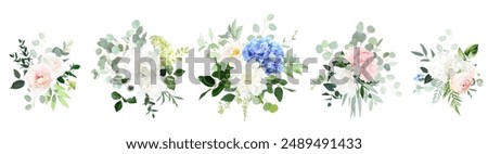 Blue, blush pink hydrangea flowers, roses, dahlia, magnolia emerald greenery and eucalyptus wedding vector bouquets set. Floral pastel watercolor. Blooming garden. Elements are isolated and editable