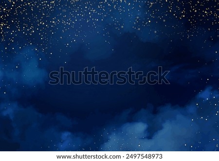 Magic night dark blue frame with sparkling glitter bokeh and light art. Square vector wedding card. Gold confetti and navy background. Golden scattered celestial dust. Fairytale magic star template