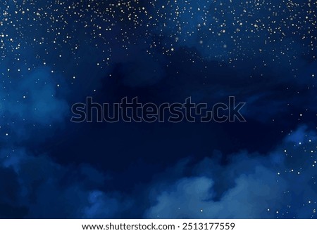 Magic night dark blue frame with sparkling glitter bokeh and light art. Square vector wedding card. Gold confetti and navy background. Golden scattered celestial dust. Fairytale magic star template