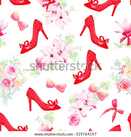 Female fashion shoes with flower bouquets seamless vector pattern. Beautiful romantic print with red style shoes, flower garlands, bows.
