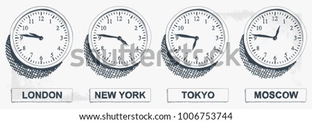 Timezone Business Clock Hand Drawn  Illustration. Clocks showing the time around the world.