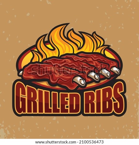 One rib is being grilled on a fire grill with a thick brownish barbecue seasoning