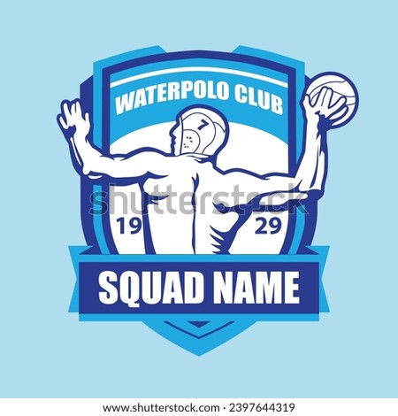 Waterpolo Logo Design with a Swimming Person Throwing a Ball and a Blue Shield Background