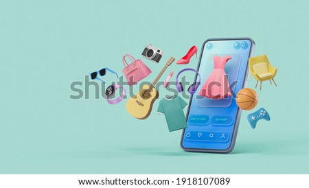 Online shopping website mobile application digital marketing store on screen smartphone showcase icon display. 3d rendering.