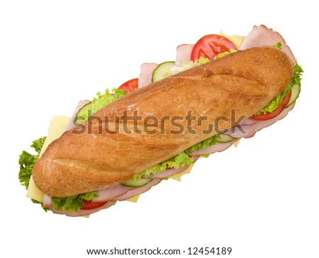 Foot-long submarine with ham, swiss cheese, lettuce, tomatoes and cucumbers, viewed from the top, on white background