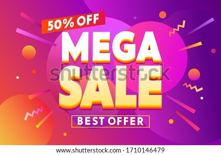 Mega Sale for web app banner. Abstract creative background in bright colors. Fluid promotion gradient shapes composition. Cool design for card, poster, invitation or flyer. Discount special offer.