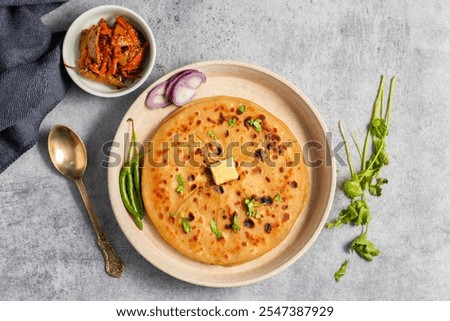 Similar – Image, Stock Photo Indian flatbreads on a blue background, above view. Homemade naan bread
