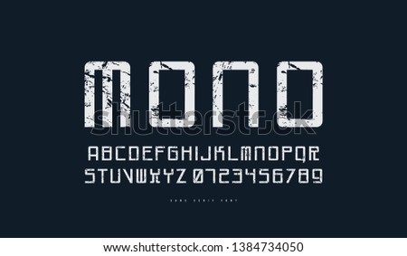 Monospaced sans serif font in cyber style. Letters and numbers with rough texture for sci-fi, cosmic logo and emblem design. White print on black background