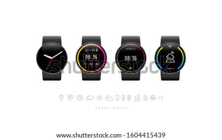 Smart watch design and icons in thin line style. Isolated on white background