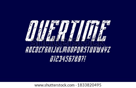 Oblique narrow sans serif font in sport style. Letters and numbers with rough texture for logo and emblem design. White print on blue background