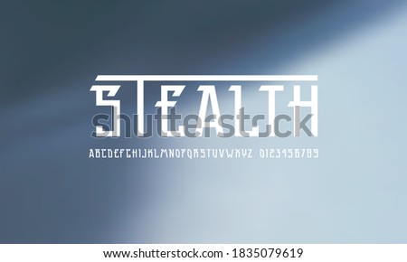 Narrow sans serif font in futuristic style. Letters and numbers for sci-fi, movie, cyber and space logo design. White print on blurred background