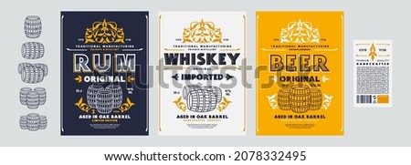 Set of template decorative label for rum, whiskey, beer and other alcohol drink. Floral ornament in renaissance style and barrel icons. Vector illustration