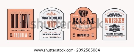 Set of template label for whiskey, rum, tequila and wine. Typography with floral ornament. Vector illustration