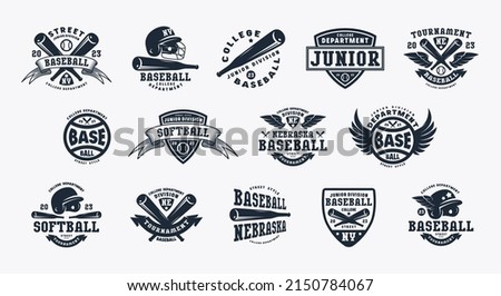 Badges set of softball and baseball tournament. Graphic design for t-shirt. Black print on white background