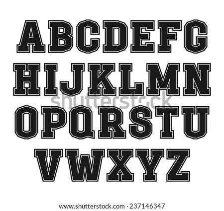 Slab-serif font with contour in the style of college. Black print on white background