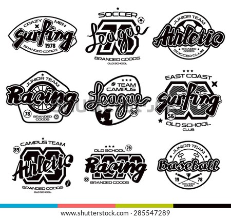 Set of sport badges: surfing, racing, baseball, soccer, rugby. Graphic design for t-shirt. Black print on white background