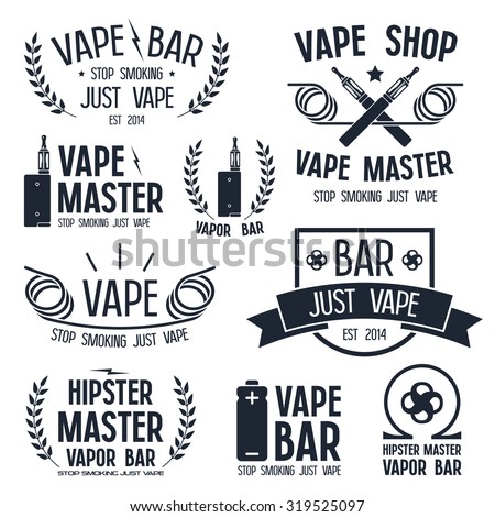 Vapor bar and vape shop logo and e-cigarette icons. Isolated on white background