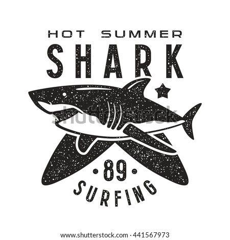 Graphic design for t-shirt with the image of shark. Black print on white background