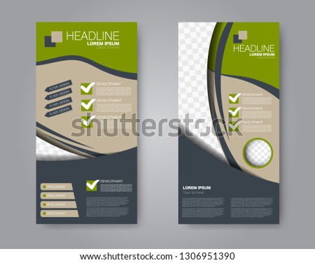 Flyer template. Vectical banner design. Modern abstract two side brochure background. Vector illustration. Green and brown color.