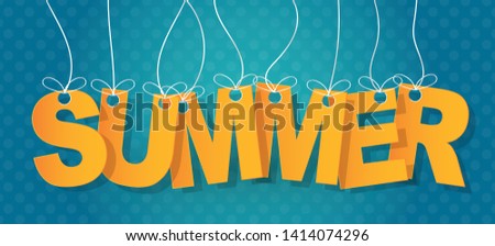 Summer text typography. Letters haning on a string on a blue background. Vector illustration.